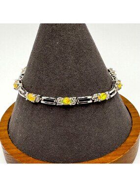 VTG Solid Sterling Silver 925 Opal Prong Set Station Bracelet Size 7.25" Length